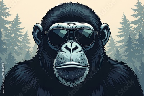 Cool ape sporting sunglasses with confidence in a forest background stylized illustration with
