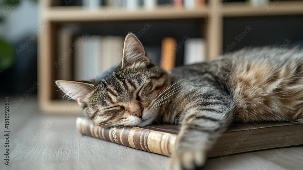 Cozy cat napping on book on table