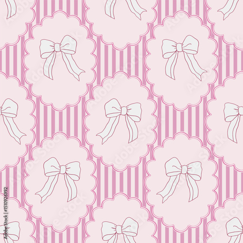 Pink girly flirtatious vector pattern with ribbon bows and stripes. Vector coquette hand drawn illustrations. Trendy seamless pattern for birthday, celebrations decor. Textile design.
