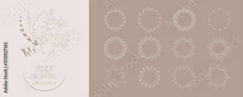 Branches circle frame set. Doodle wearth Hand drawn round line border, leaves and flowers, wedding invitation and cards, logo design and posters template. Elegant minimal style floral set	on a beige 
