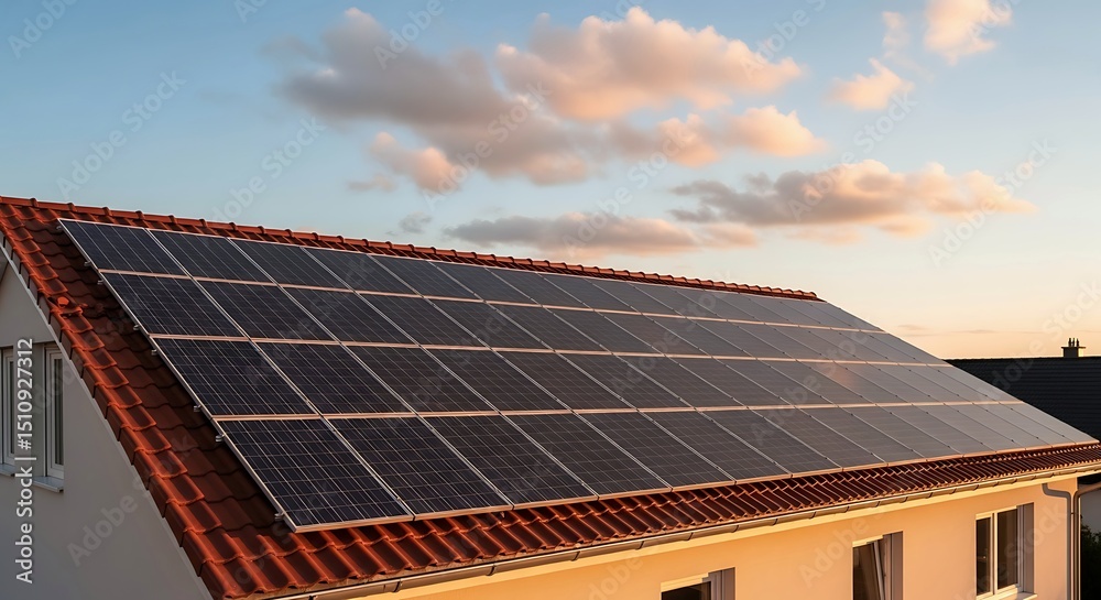 Fototapeta premium Residential house with rooftop solar panels for renewable energy, sustainable electricity, and home energy efficiency. Clean energy solar installation at sunset on a modern building