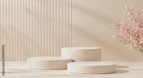 Minimalist beige product display with three cylindrical platforms and delicate flowers