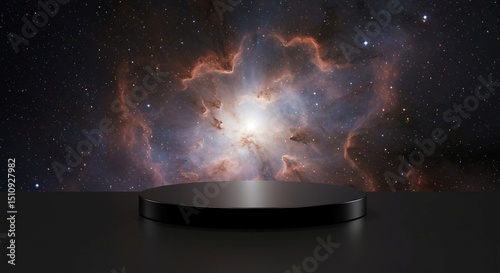Black product display platform against cosmic nebula background