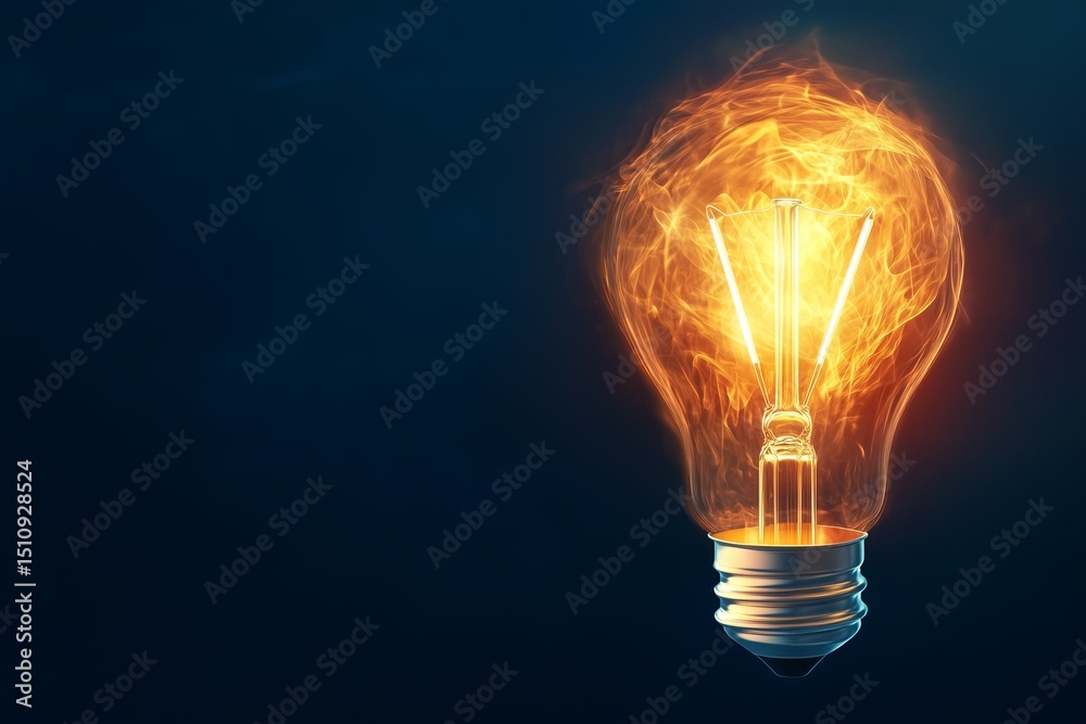 An incandescent bulb burning with intense fire against a dark background representing a powerfully consuming idea or a spark of destructive creativity for bold statements An incandescent bulb burning with intense fire against a dark background representing a powerfully consuming idea or a spark of destructive creativity for bold statements