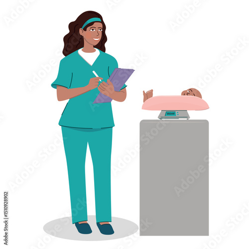Pediatric nurse in teal scrubs records notes while weighing a baby on a scale during a checkup. Healthcare and childcare concept illustration.