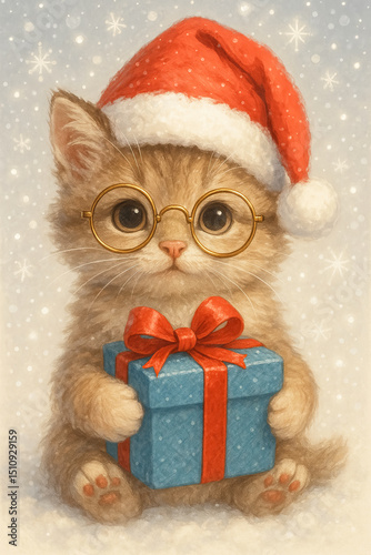 Adorable Kitten in Santa Hat with Gift in a Snowy Christmas Setting