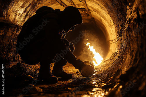 Silhouette of a survivor lighting a fire in an abandoned subway tunnel