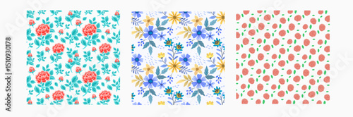Set of seamless floral patterns. Сolourful cute floral summer backgrounds. Lovely design for wrapping, textile, cover, print, banner, greeting card, label, wallpaper.