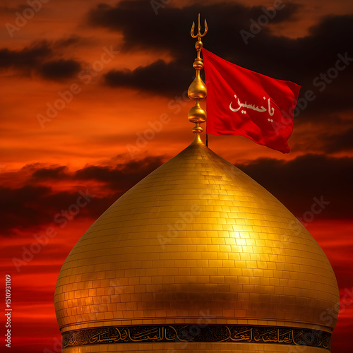 Golden Dome of Karbala with Ya Hussain Flag Symbol of Muharram Spiritual Icon of Muharram