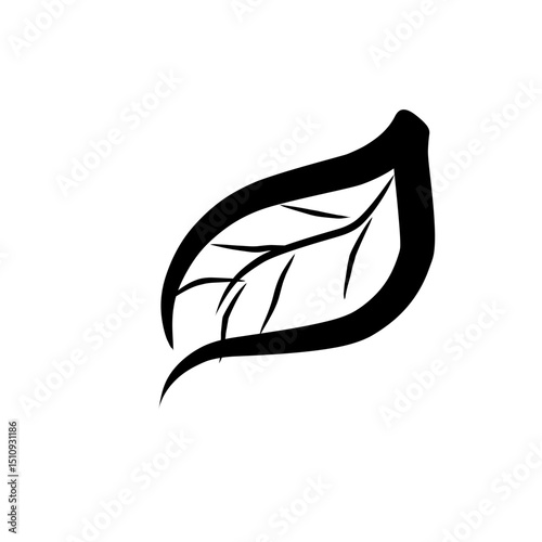a stylized black outline of a leaf with internal vein details.