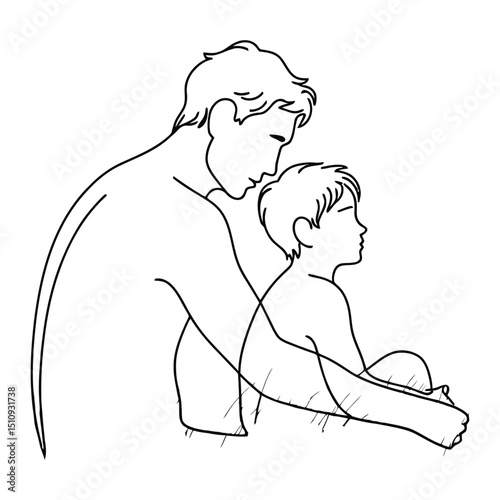 Minimalist line art of father embracing son showing love and care