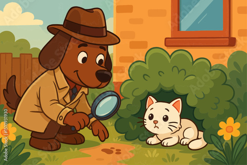 A charming dog detective discovers a lost white kitten hiding in a lush garden with warm colors and a cozy backdrop.