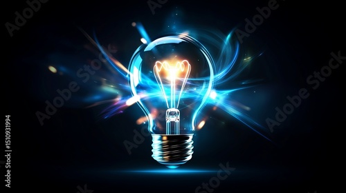 An incandescent bulb with bright electrical sparks and light effects emanating from its filament representing a powerful surge of ideas or electrifying innovation
