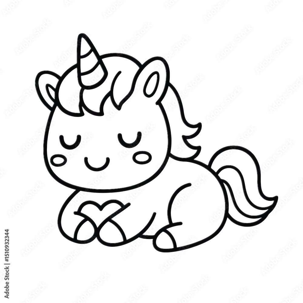 Fototapeta premium Mystical Unicorn Embrace: A whimsical, black-and-white illustration captures a charming unicorn with a heart, inviting a sense of imagination, serenity, and fantasy. 