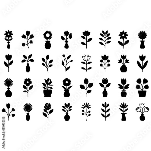 Floral Symphony in Silhouette: A collection of diverse floral silhouettes, each a unique representation of botanical beauty. These forms invite the eye to explore the graceful forms of nature.