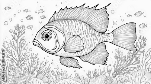 Picture coloring sea fish. Black and white fish picture for coloring