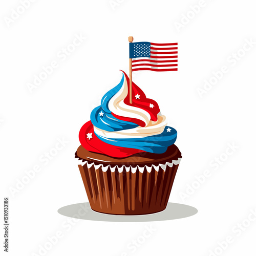 Illustrated cupcake with red, white, and blue swirled frosting in a spiral pattern, topped with a small American flag