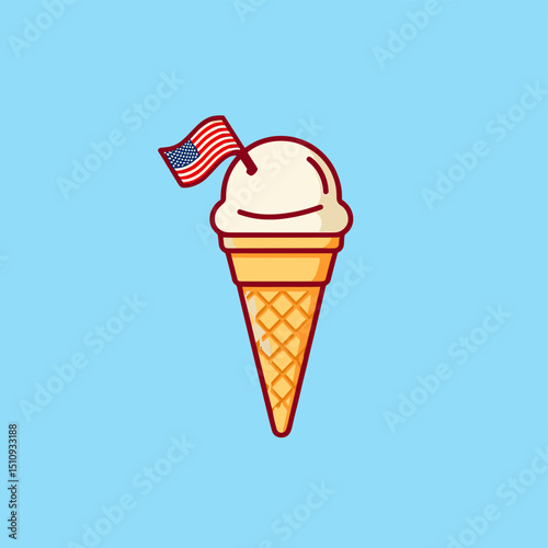 Flat vector illustration of a vanilla ice cream scoop in a textured waffle cone with a small American flag on top, set against a clean background.