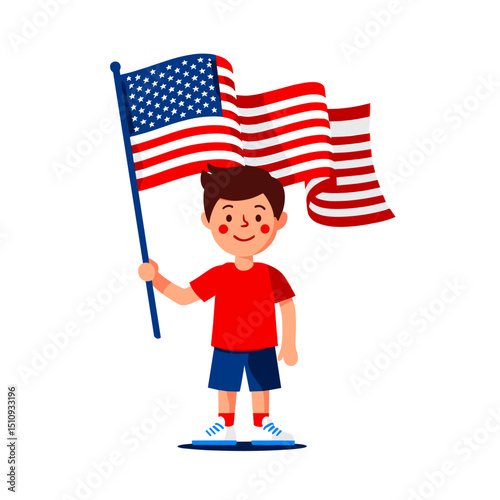 Flat vector illustration of a cheerful child holding a waving American flag in their right hand, standing centered on a pure white background.