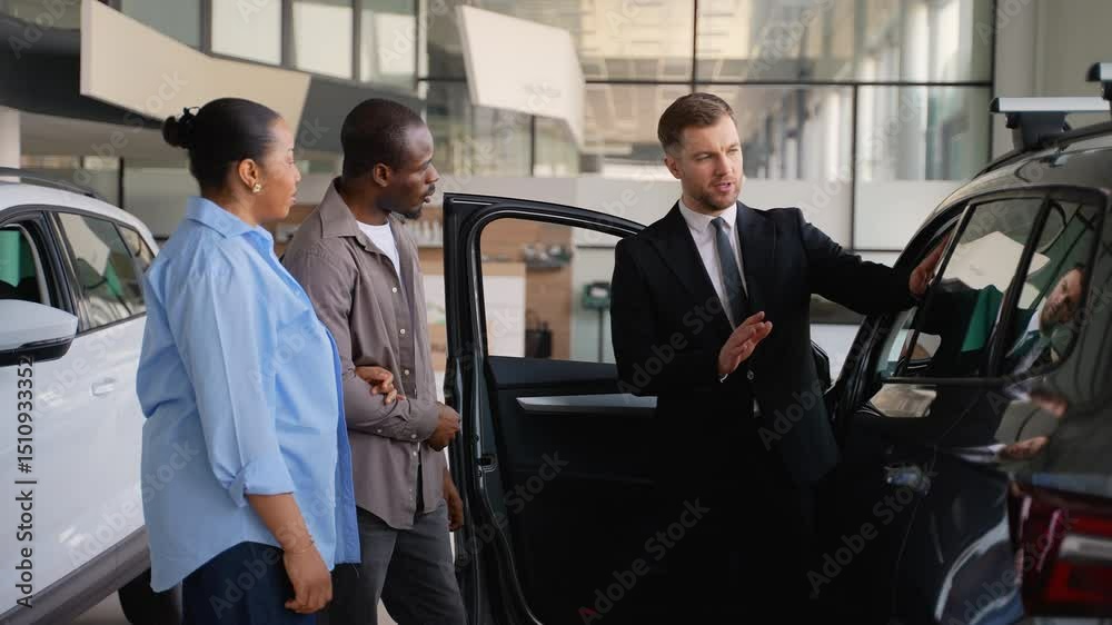 Couple choosing new car at dealership with salesman assistance Couple choosing new car at dealership with salesman assistance