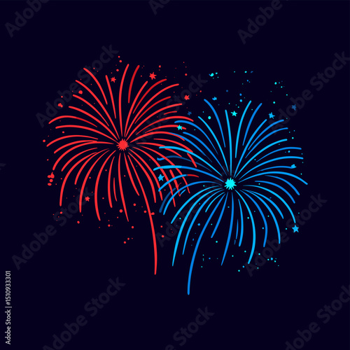 Decorative firework illustration with cascading red and blue sparks against a dark night sky background,