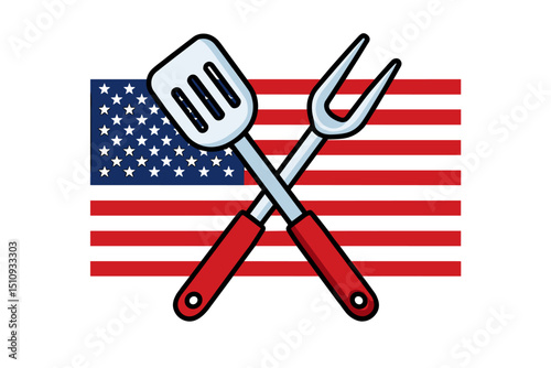Simple vector of crossed BBQ spatula and fork in X shape with clean lines, minimal detail. Full American flag displayed in the background, symbolizing patriotic grilling.