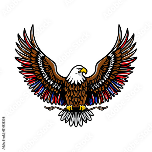 Stylized flat vector of an American bald eagle with fully spread wings