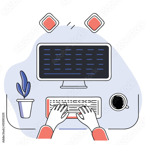 Workspace Vector Illustration Computer Keyboard Coffee and Plant
