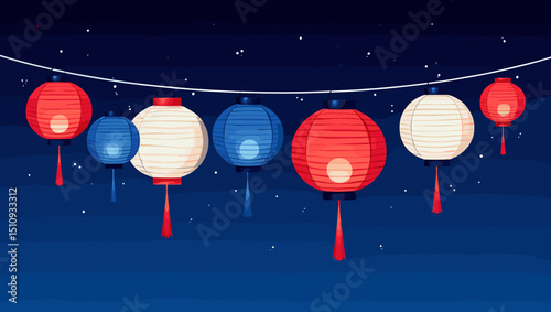 Flat vector scene of red, white, and blue paper lanterns hanging on a string against a dark navy night sky.

