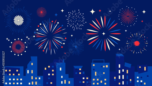 Flat vector illustration of vibrant red, white, and blue fireworks in circular and starburst shapes above a minimalist city skyline against a deep midnight blue sky.