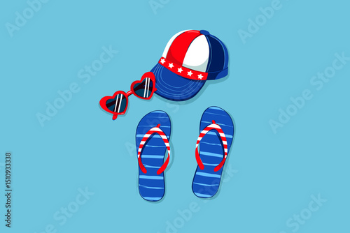 Summer holiday vector with patriotic accessories: striped cap, heart sunglasses, and blue flip-flops on pastel blue background