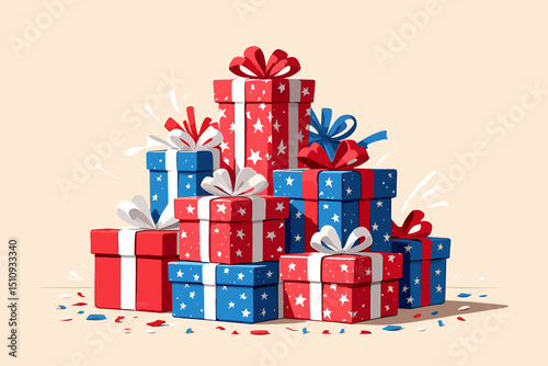 Vector stack of red, white, and blue wrapped presents with star patterns and ribbons, surrounded by festive confetti on a beige background.