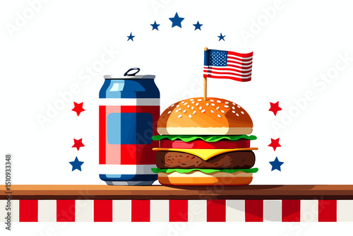 Flat vector illustration of an aluminum can with red and blue stripes next to a hamburger on a wooden table, all set against a clean white background.