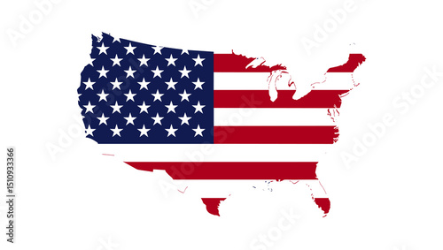 Simplified US map outline filled with a repeating American flag pattern of red and white stripes and white stars on a blue background