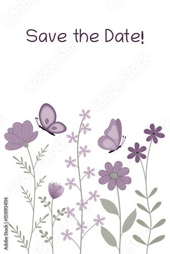 Save the date - Schriftzug in englischer Sprache - Reserviere den Termin. Karte mit violetten Blumen und Schmetterlingen.