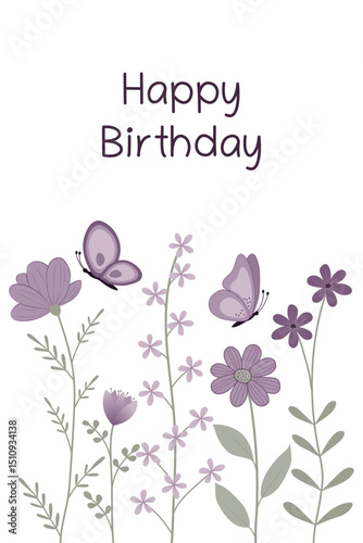 Happy Birthday - Schriftzug in englischer Sprache -Alles Gute zum Geburtstag. Karte mit violetten Blumen und Schmetterlingen.
