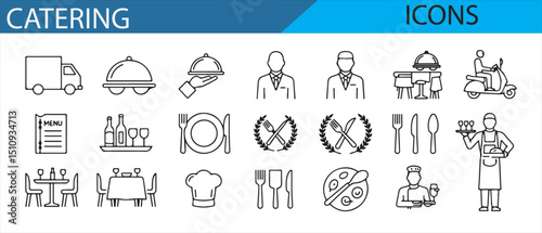 A collection of vector icons representing catering services, including chefs, food delivery, menu, utensils, and dining setups, perfect for food, hospitality, and restaurant-related designs.