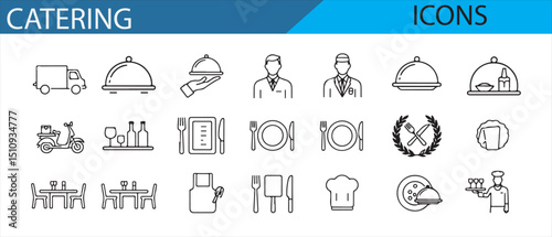 Collection of catering service icons featuring food items, chefs, and event planning.
