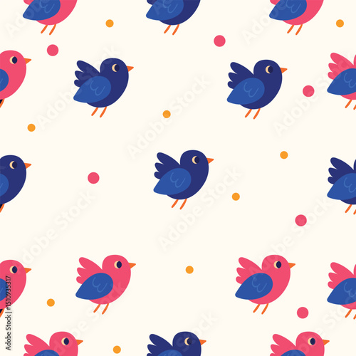 Seamless pattern with cute cartoon birds in pink and purple tones on a white background with colorful dots. Flat illustration with playful flying birds in modern minimal style.