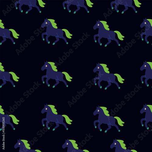 Seamless pattern with prancing dark horses with manes and hooves on a deep navy background. Stylish and vivid animal illustration in flat design