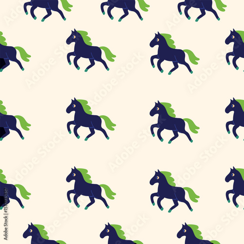 Seamless pattern with prancing dark horses with manes and hooves on a white background. Stylish and vivid animal illustration in flat design