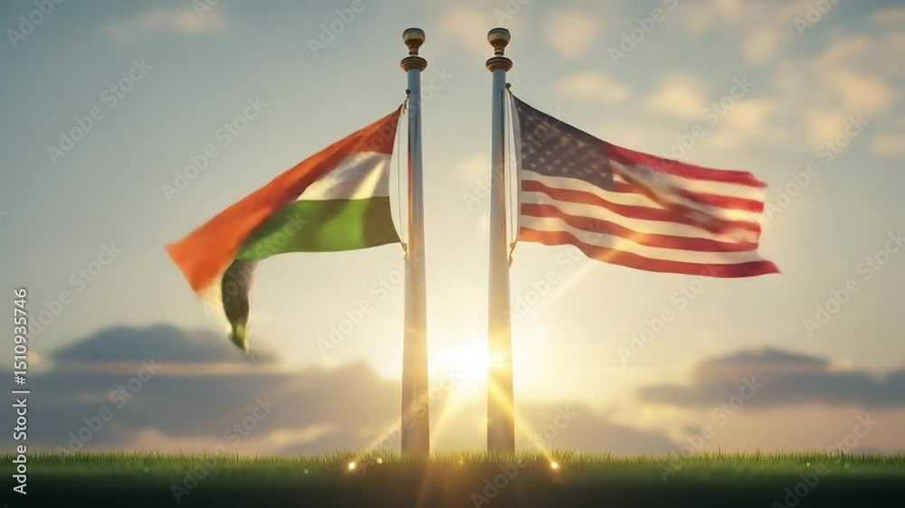 Indian and American flags waving together at sunrise on tall flagpoles in peaceful harmony