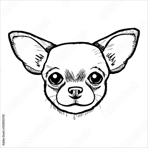 Illustration of a Chihuahua dog head. The drawing features large, expressive eyes and prominent ears. The style is simple and monochrome, emphasizing the dog's facial features.
