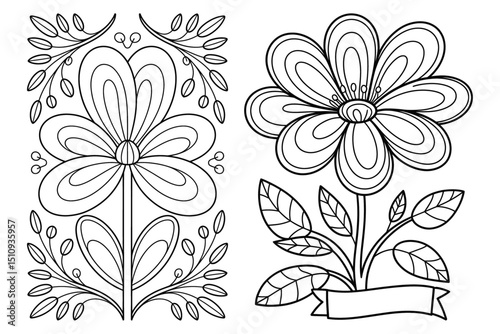 Floral line art designs set isolated on white background