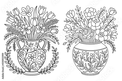 Two ornate vases with flower bouquets line art isolated on white background
