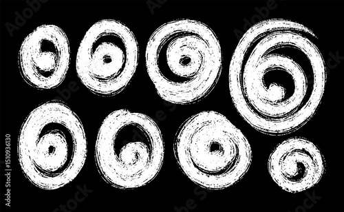White Grunge Spiral Doodles on Black Background. Hand Drawn Swirl Elements. Perfect for modern edgy design, prints, album covers, posters, packaging