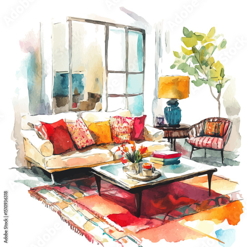 Interior Design, watercolor illustration vector, high quality, isolated on a white background.