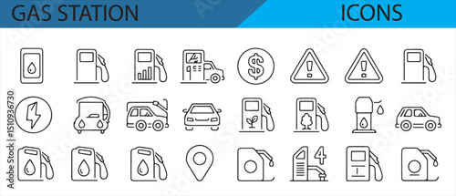 Set of gas station vector icons featuring fuel pumps, pricing, and warnings.