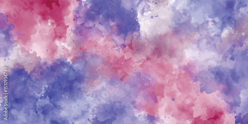 Watercolor painted background. Abstract Illustration wallpaper. Brush stroked painting. Abstract summer landscape vector watercolor background with blue sky, white clouds and green field
