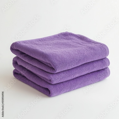 Stack of purple towels displayed on a white background